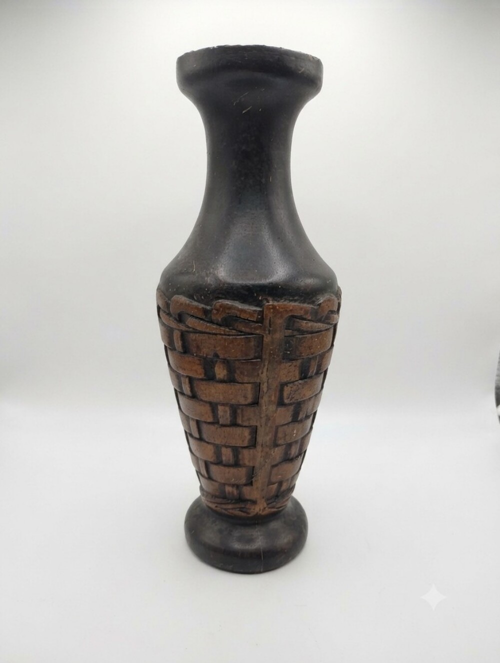 Tall Black and Brown Woven-Pattern Vase